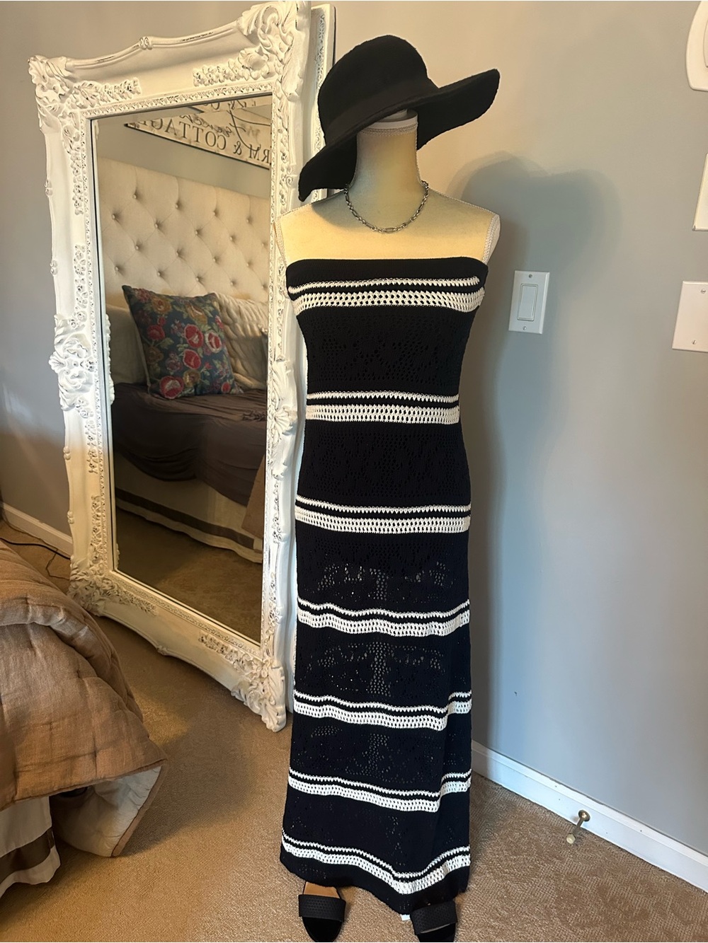 l*space Black and White Strapless Crochet Maxi Dress